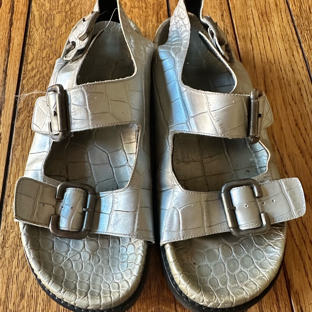 Freda Salvador Piper Buckle Footbed Sandal in Silver Embossed Croc